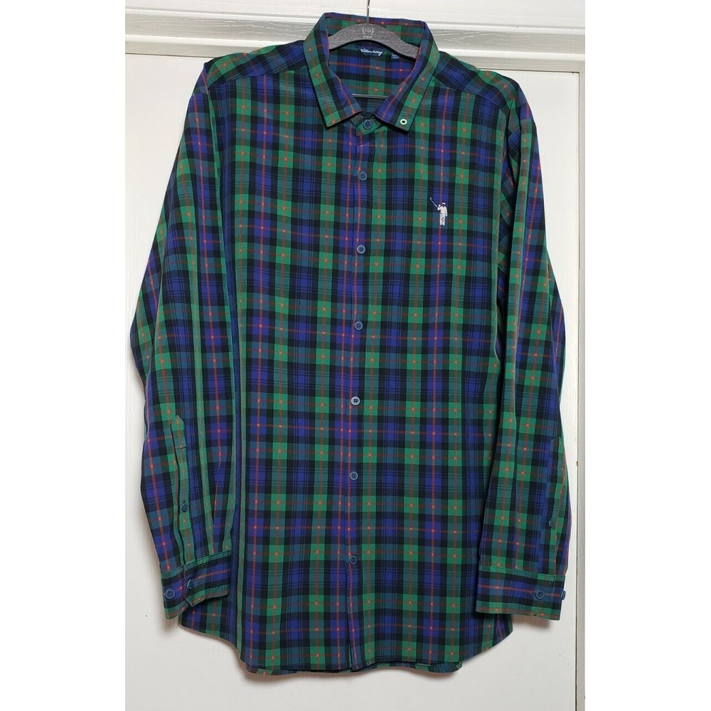 Men's William Murray Tartan Plaid‎ Snap Collar Button Down Shirt Size XL Green